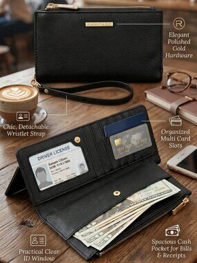 RAMPAGE Black Faux Leather Wallet Wristlet – Zip Around Clutch Phone Pouch